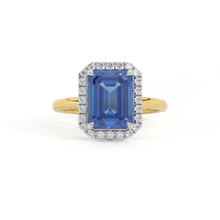 Halo Emerald Blue Sapphire 18K Yellow Gold Ring