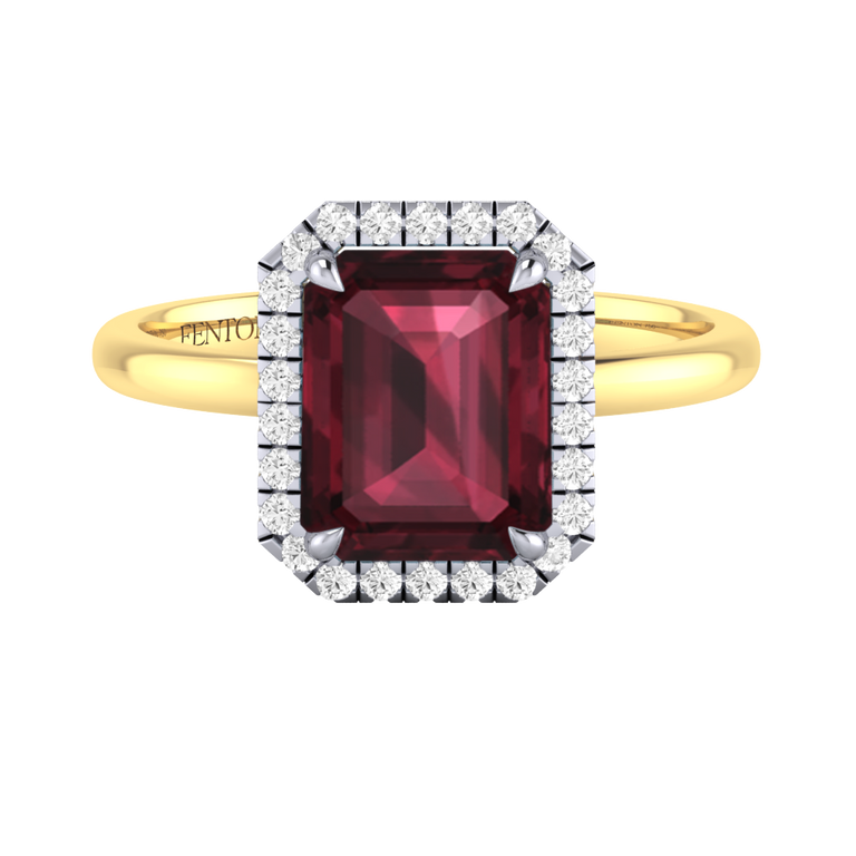 Halo Emerald Garnet 18K Yellow Gold Ring