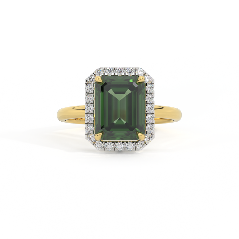 Halo Emerald Green Sapphire 18K Yellow Gold Ring
