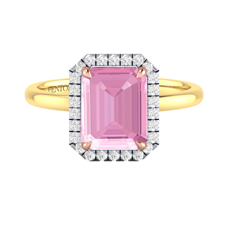 Halo Emerald Pink Sapphire 18K Yellow Gold Ring