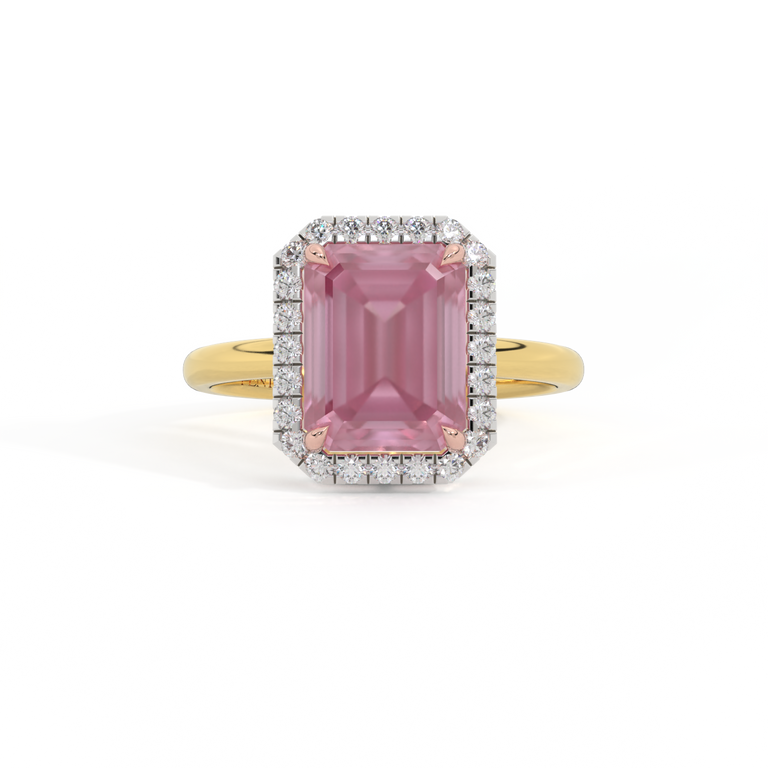Halo Emerald Pink Sapphire 18K Yellow Gold Ring
