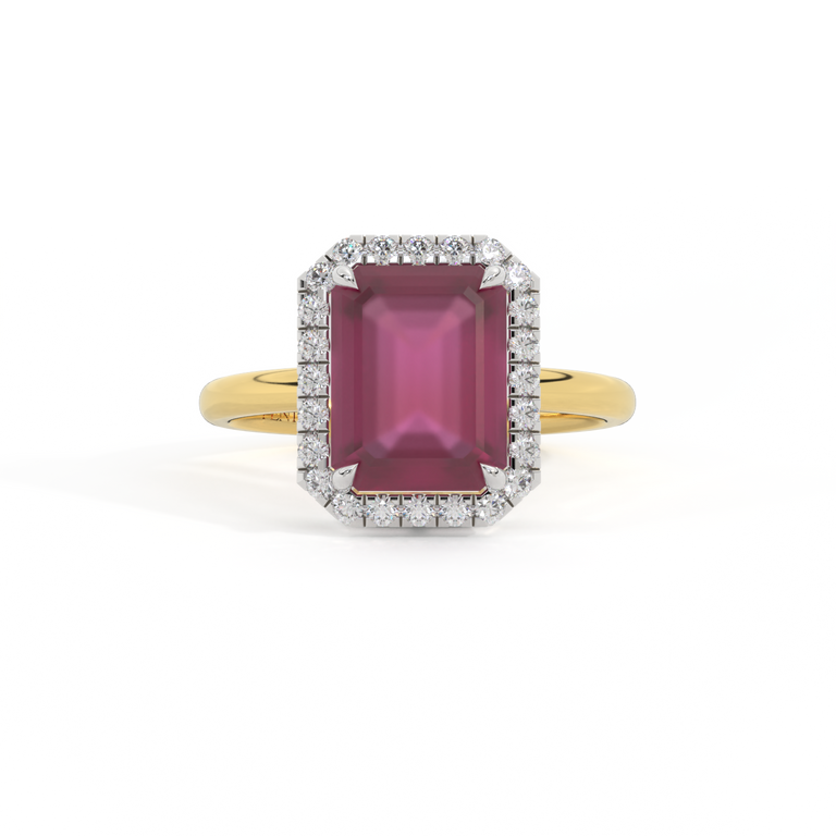 Halo Emerald Ruby 18K Yellow Gold Ring