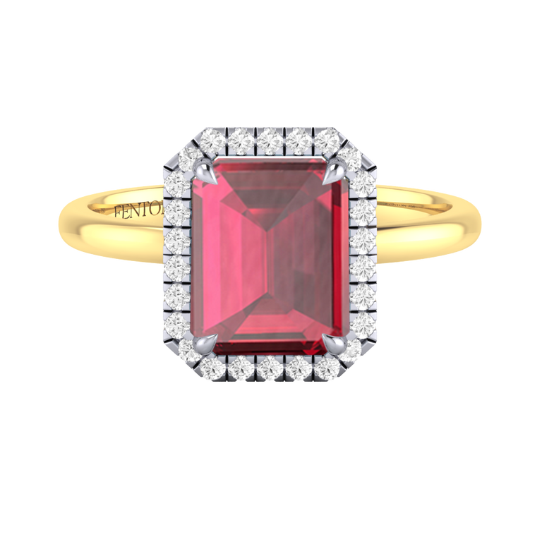 Halo Emerald Ruby 18K Yellow Gold Ring