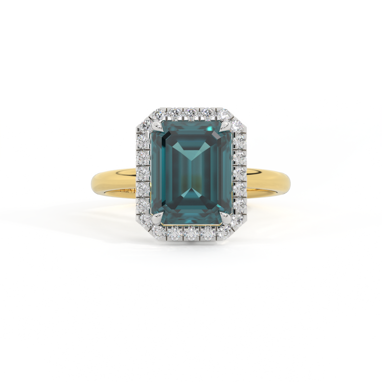 Halo Emerald Teal Sapphire 18K Yellow Gold Ring