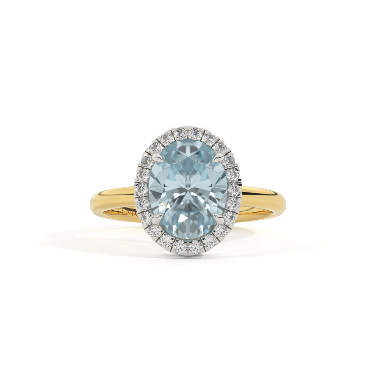 Halo Oval Aquamarine 18K Yellow Gold Ring