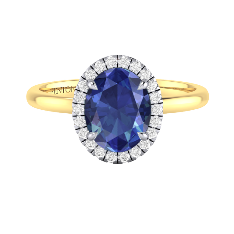 Halo Oval Blue Sapphire 18K Yellow Gold Ring