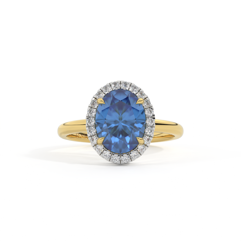 Halo Oval Blue Sapphire 18K Yellow Gold Ring