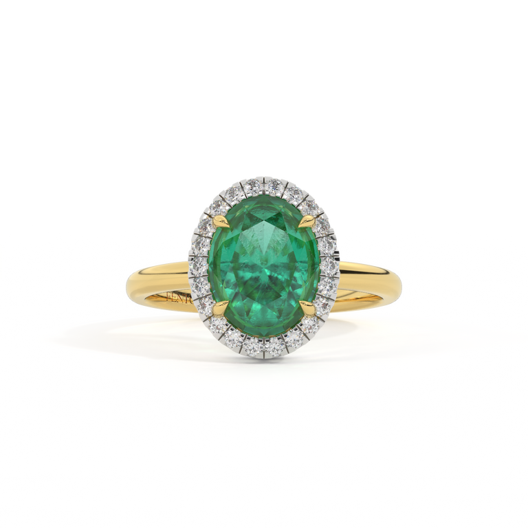 Halo Oval Emerald 18K Yellow Gold Ring