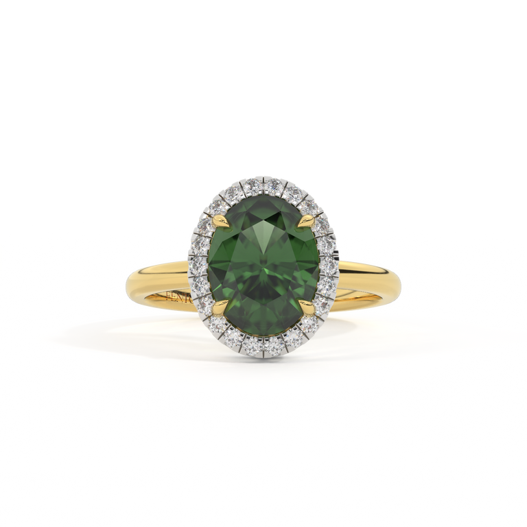 Halo Oval Green Sapphire 18K Yellow Gold Ring