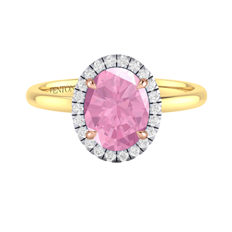 Halo Oval Pink Sapphire 18K Yellow Gold Ring