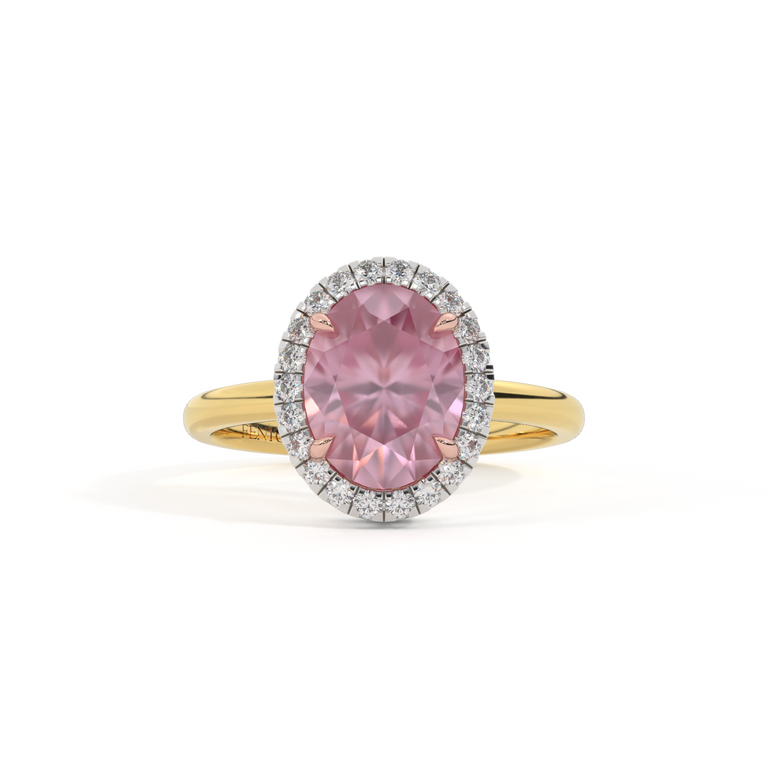 Halo Oval Pink Sapphire 18K Yellow Gold Ring