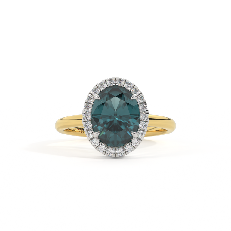 Halo Oval Teal Sapphire 18K Yellow Gold Ring