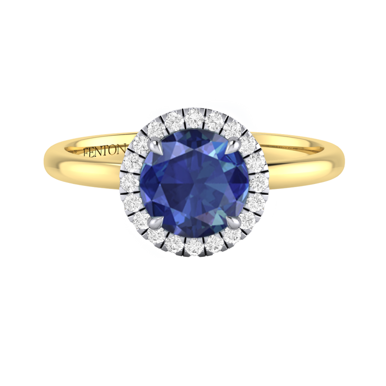 Halo Round Blue Sapphire 18K Yellow Gold Ring