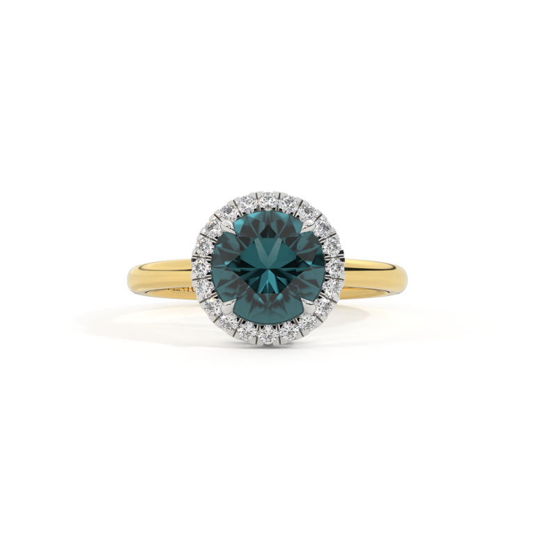 Halo Round Teal Sapphire 18K Yellow Gold Ring