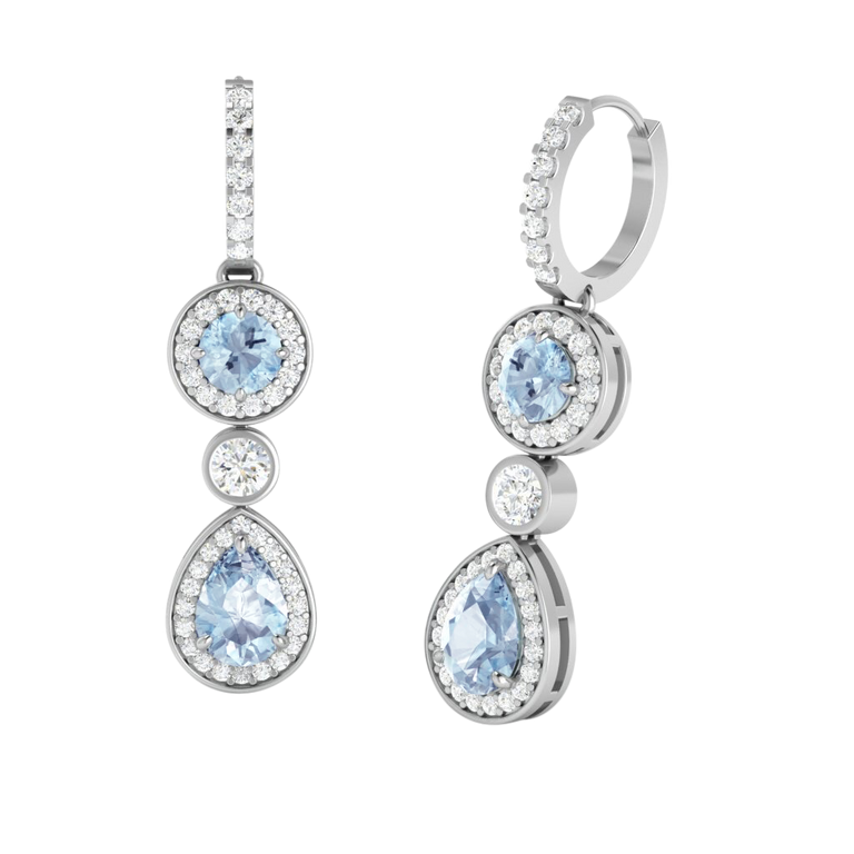 Pear Drop Round Aquamarine 18K White Gold Earrings