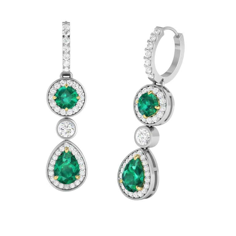 Pear Drop Round Emerald 18K White Gold Earrings