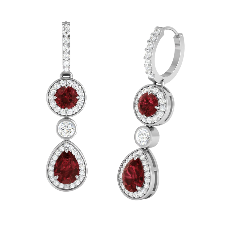 Pear Drop Round Garnet 18K White Gold Earrings