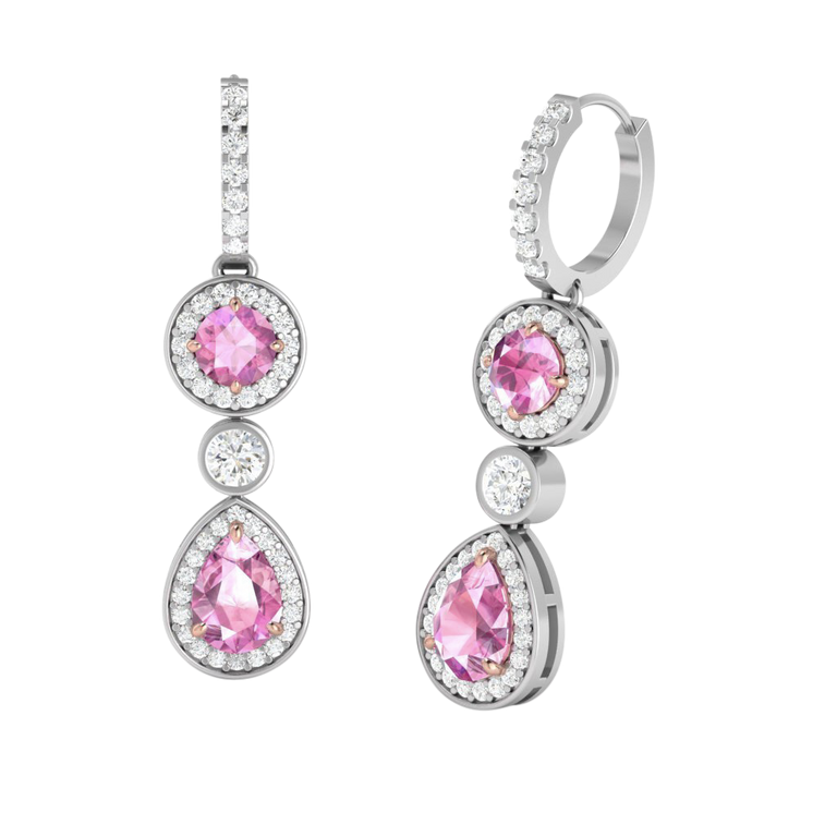 Pear Drop Round Pink Sapphire 18K White Gold Earrings