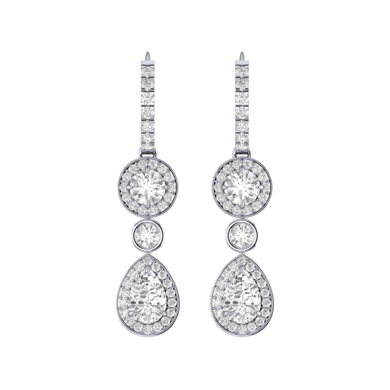 Pear Drop Round Solar Diamond 18K White Gold Earrings