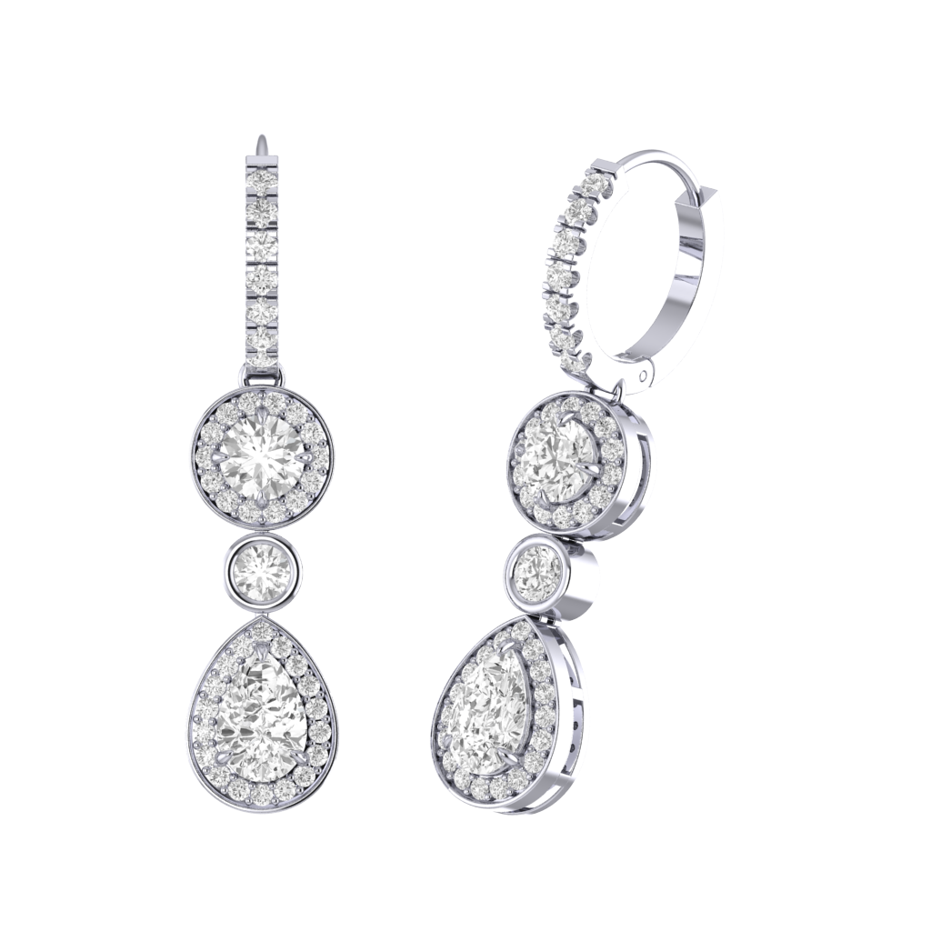 Pear Drop Round Solar Diamond 18K White Gold Earrings – Fenton