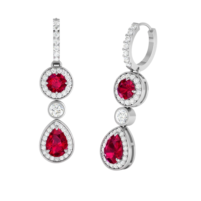 Pear Drop Round Ruby 18K White Gold Earrings