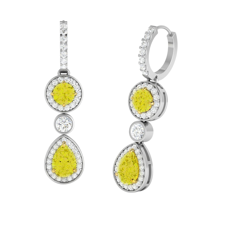 Pear Drop Round Yellow Sapphire 18K White Gold Earrings