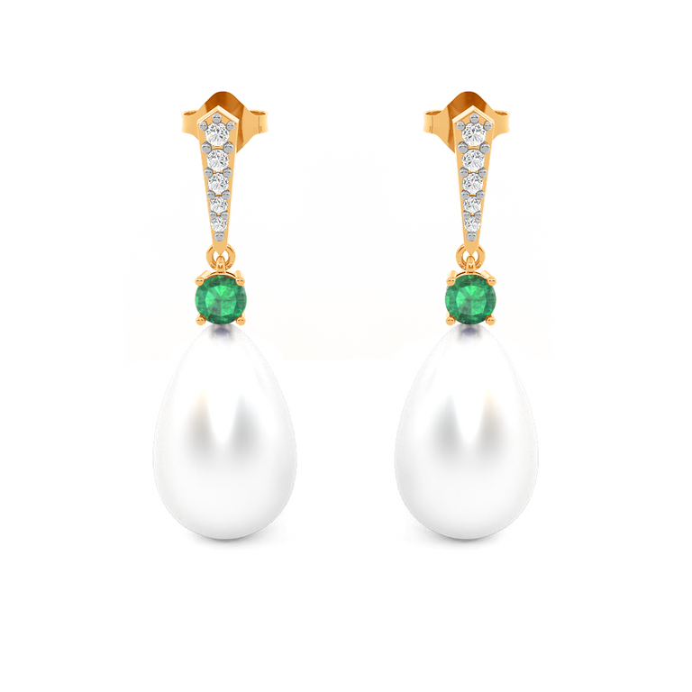 Treasure Box Pearl Drop Round Emerald 18K Yellow Gold Earrings