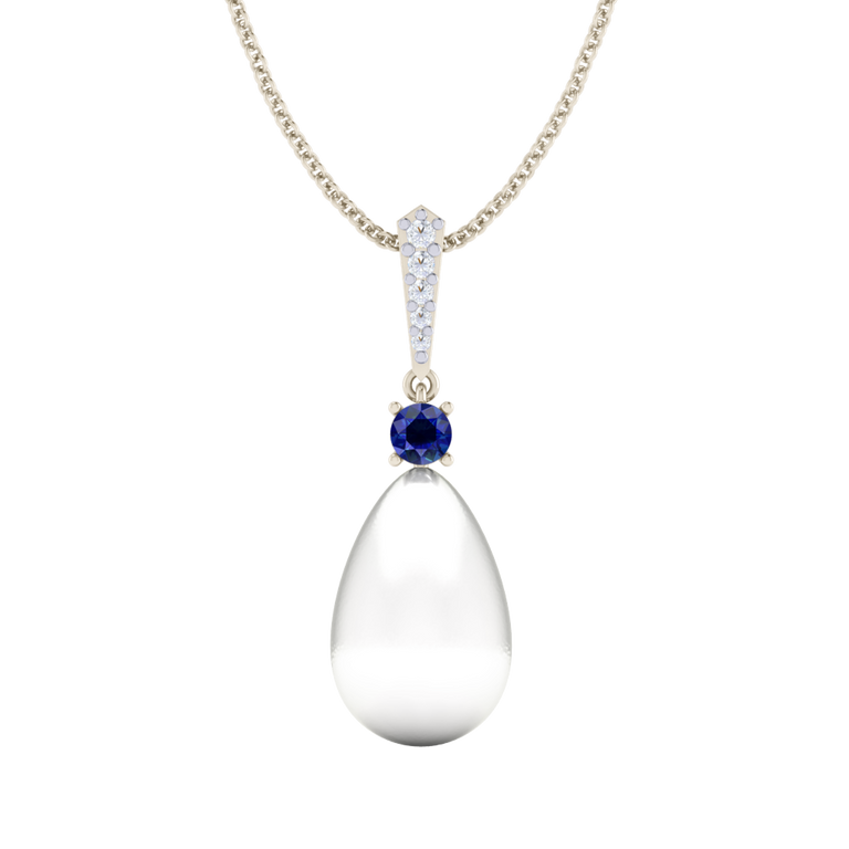 Treasure Box Classic Pearl and Blue Sapphire Drop Necklace 18k White Gold