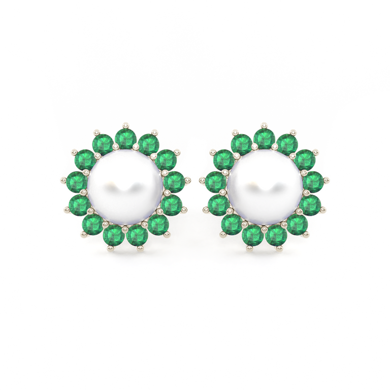 Treasure Box Classic Pearl and Emerald Studs 18K White Gold