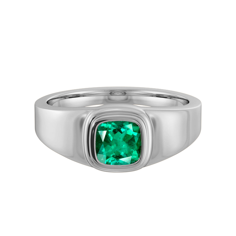 Signet Cushion Emerald 18K White Gold Ring