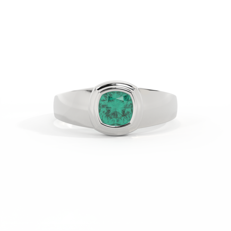 Signet Cushion Emerald 18K White Gold Ring