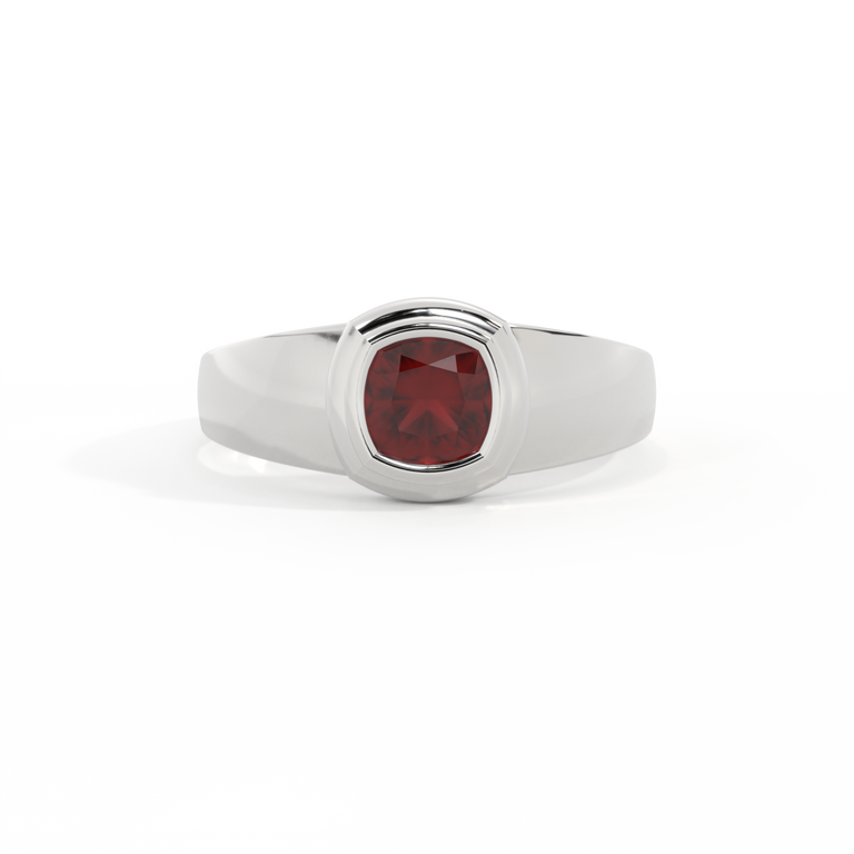 Signet Cushion Garnet 18K White Gold Ring