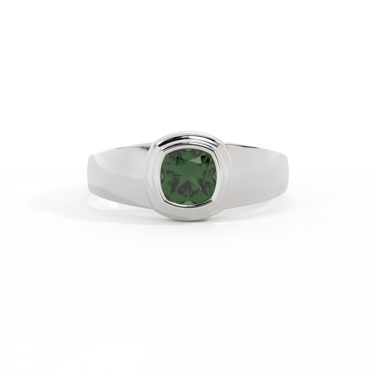 Signet Cushion Green Sapphire 18K White Gold Ring
