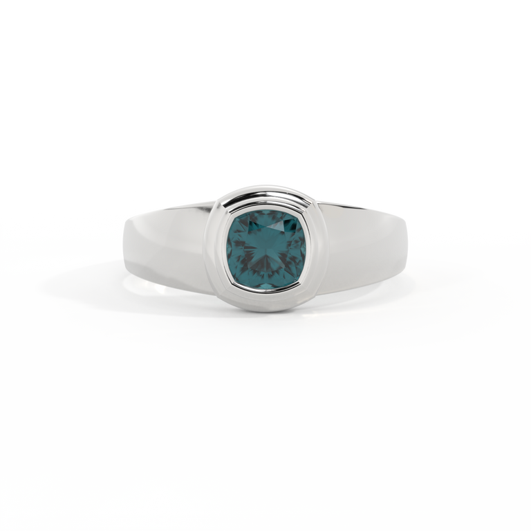 Signet Cushion Teal Sapphire 18K White Gold Ring
