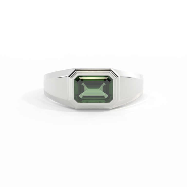 Signet Emerald Green Sapphire 18K White Gold Ring