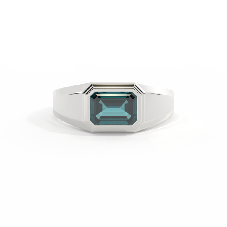 Signet Emerald Teal Sapphire 18K White Gold Ring