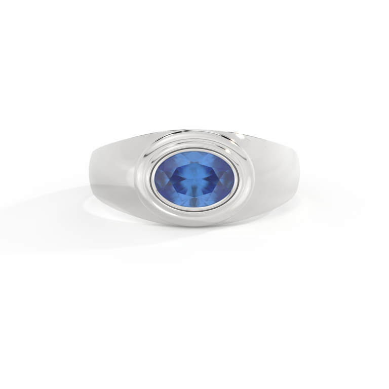 Signet Oval Blue Sapphire 18K White Gold Ring