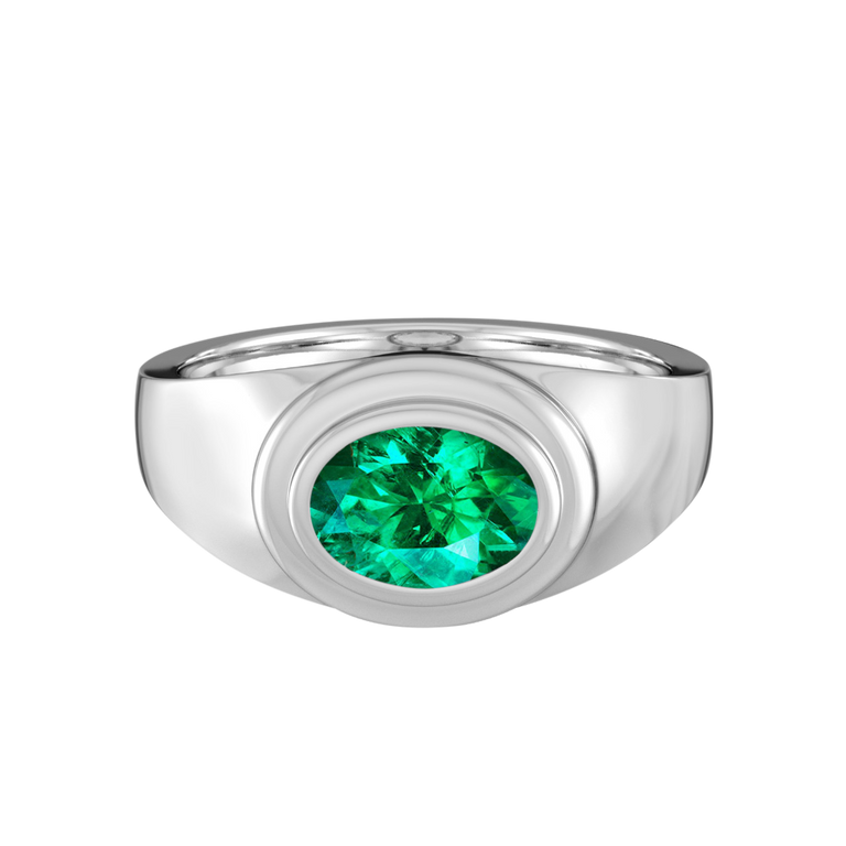 Signet Oval Emerald 18K White Gold Ring