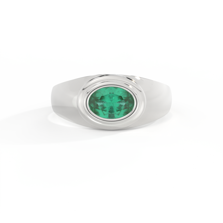 Signet Oval Emerald 18K White Gold Ring