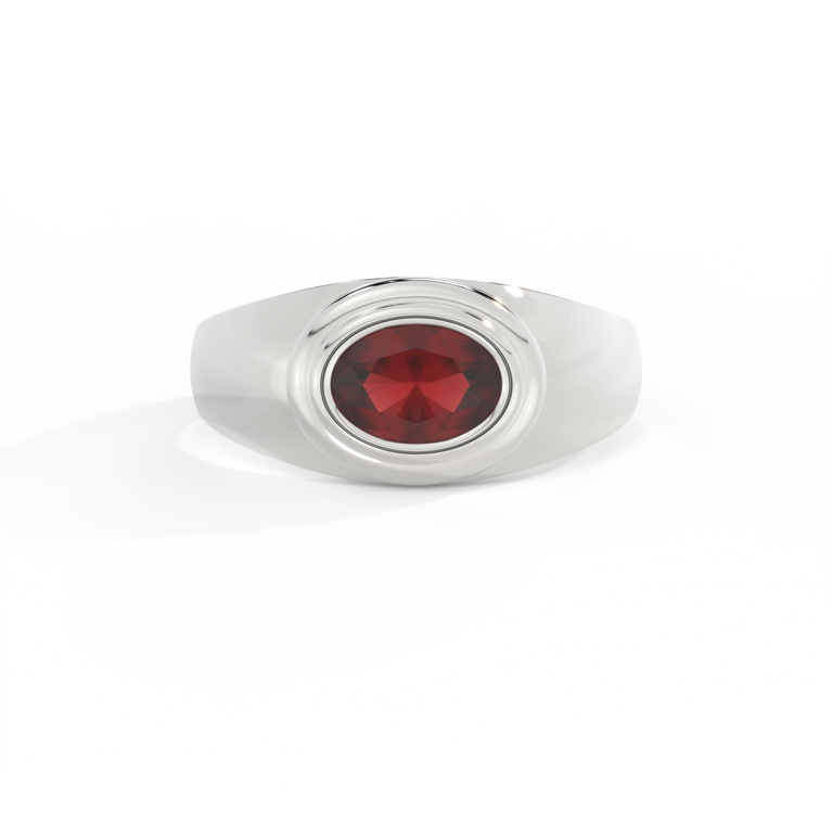 Signet Oval Garnet 18K White Gold Ring