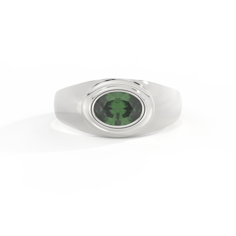 Signet Oval Green Sapphire 18K White Gold Ring