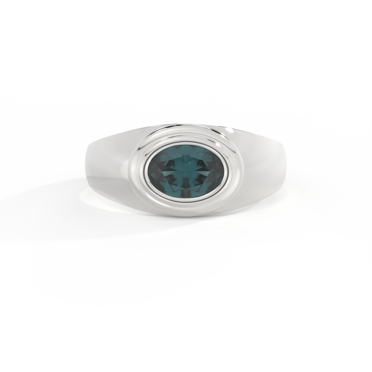 Signet Oval Teal Sapphire 18K White Gold Ring