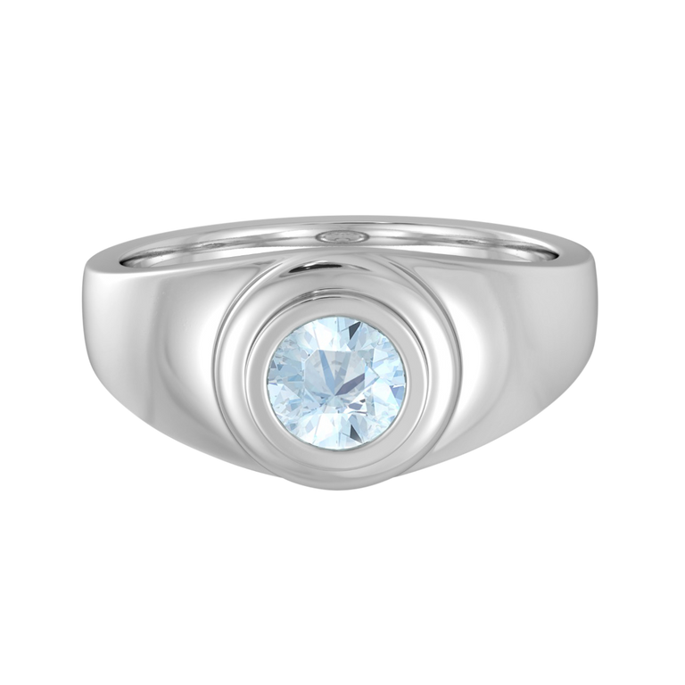 Signet Round Aquamarine 18K White Gold Ring