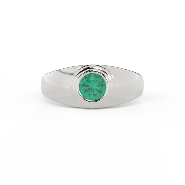 Signet Round Emerald 18K White Gold Ring