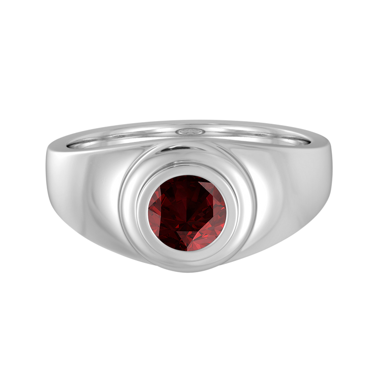 Signet Round Garnet 18K White Gold Ring