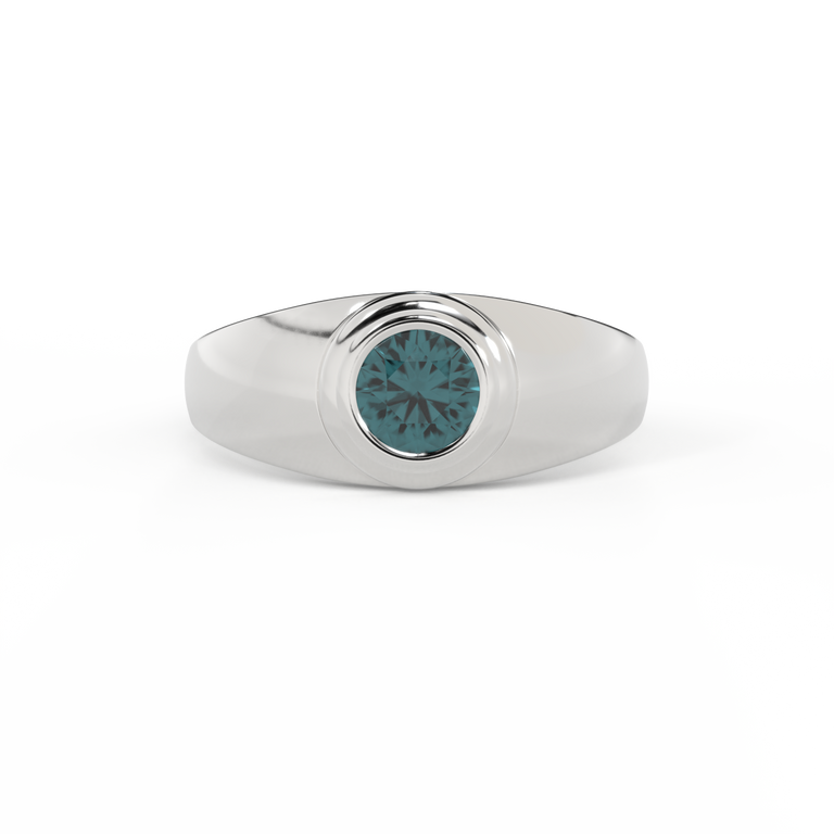 Signet Round Teal Sapphire 18K White Gold Ring