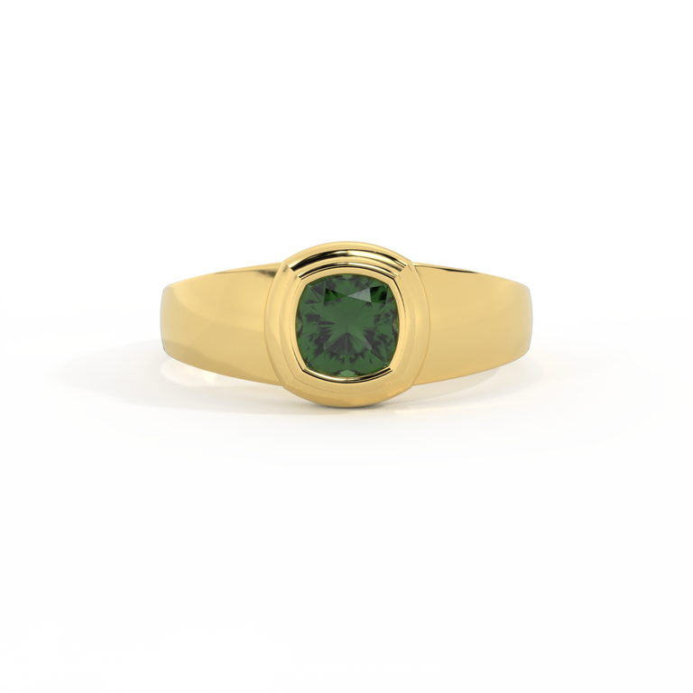 Signet Cushion Green Sapphire 18K Yellow Gold Ring