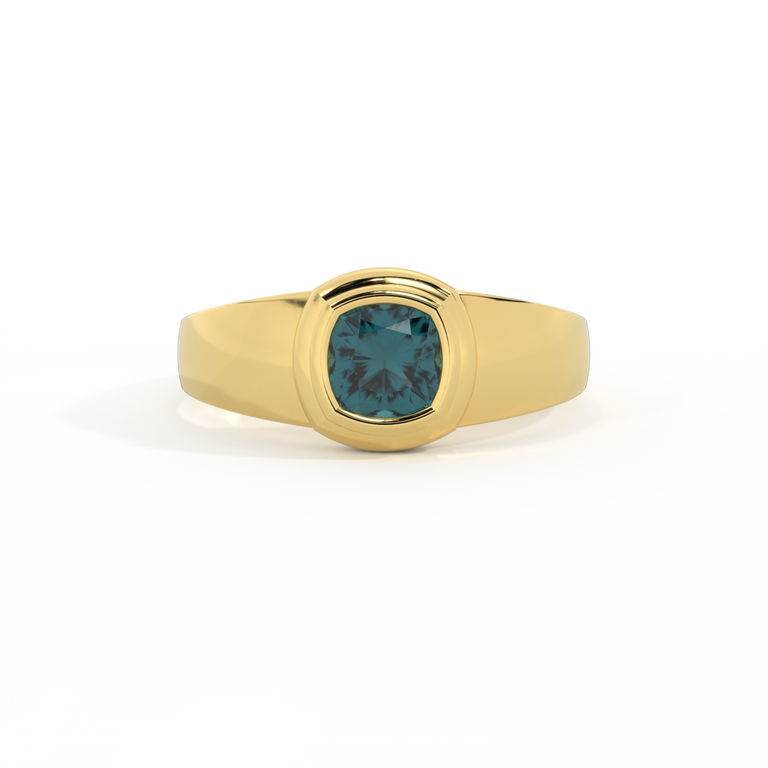 Signet Cushion Teal Sapphire 18K Yellow Gold Ring