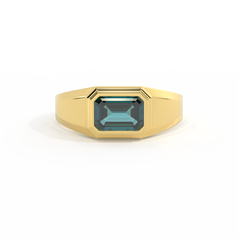 Signet Emerald Teal Sapphire 18K Yellow Gold Ring