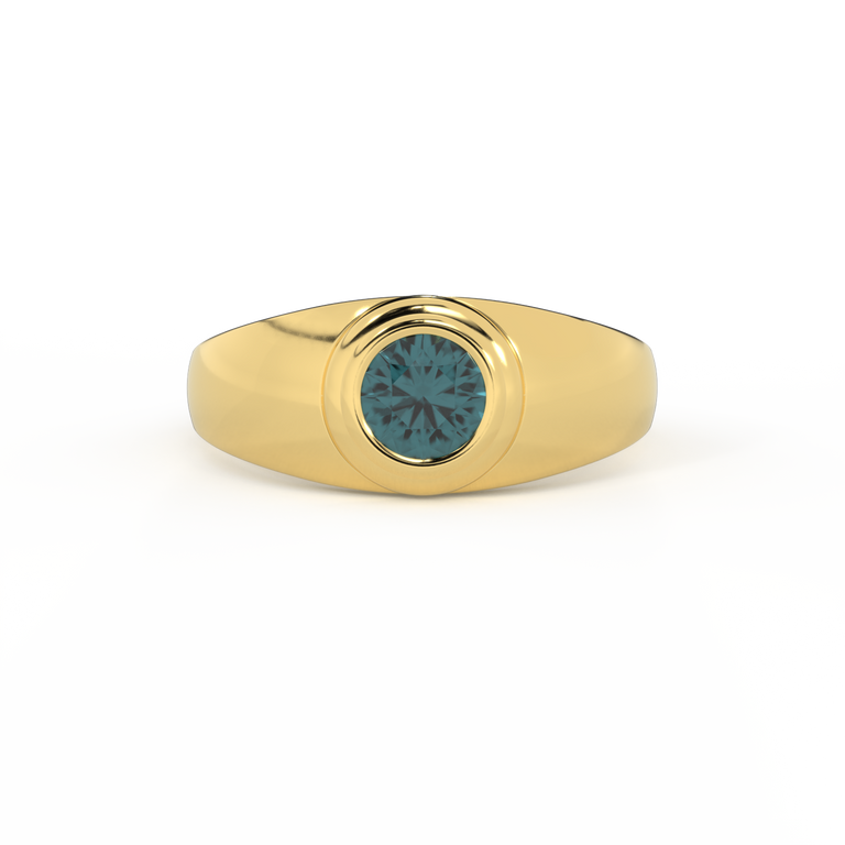 Signet Round Teal Sapphire 18K Yellow Gold Ring